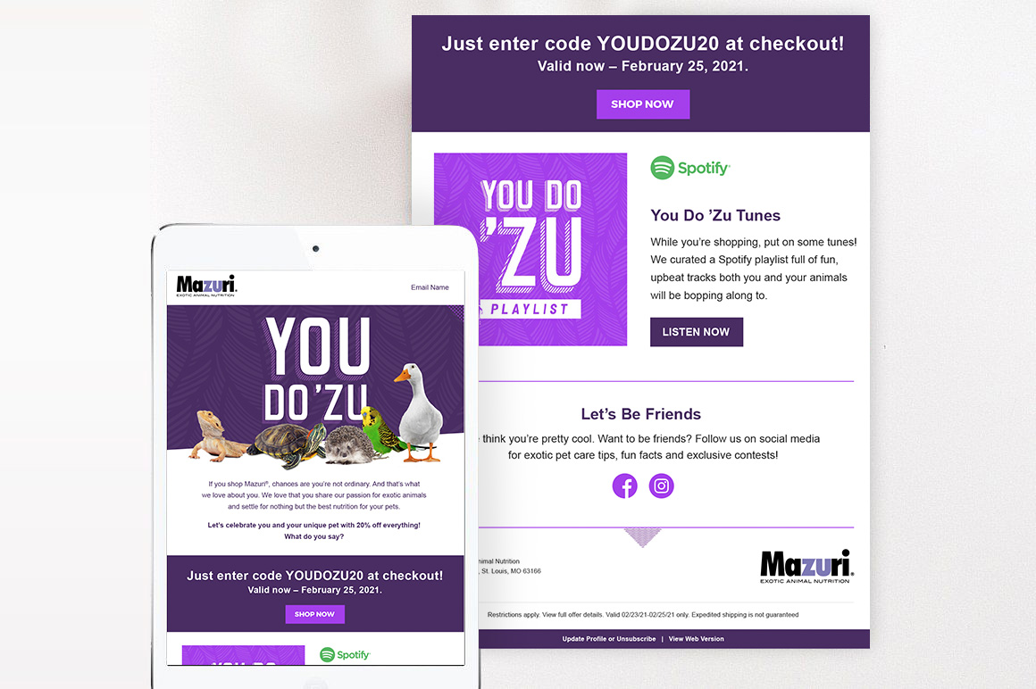 Screenshots of two marketing emails designed and developed for Mazuri by Curious Plot