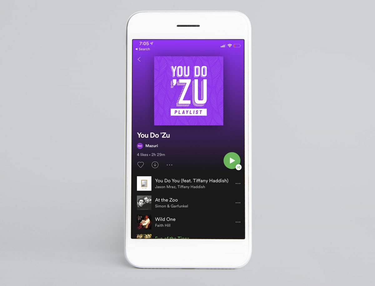 Screenshot of the You Do 'Zu Spotify playlist mocked-up on a mobile device screen