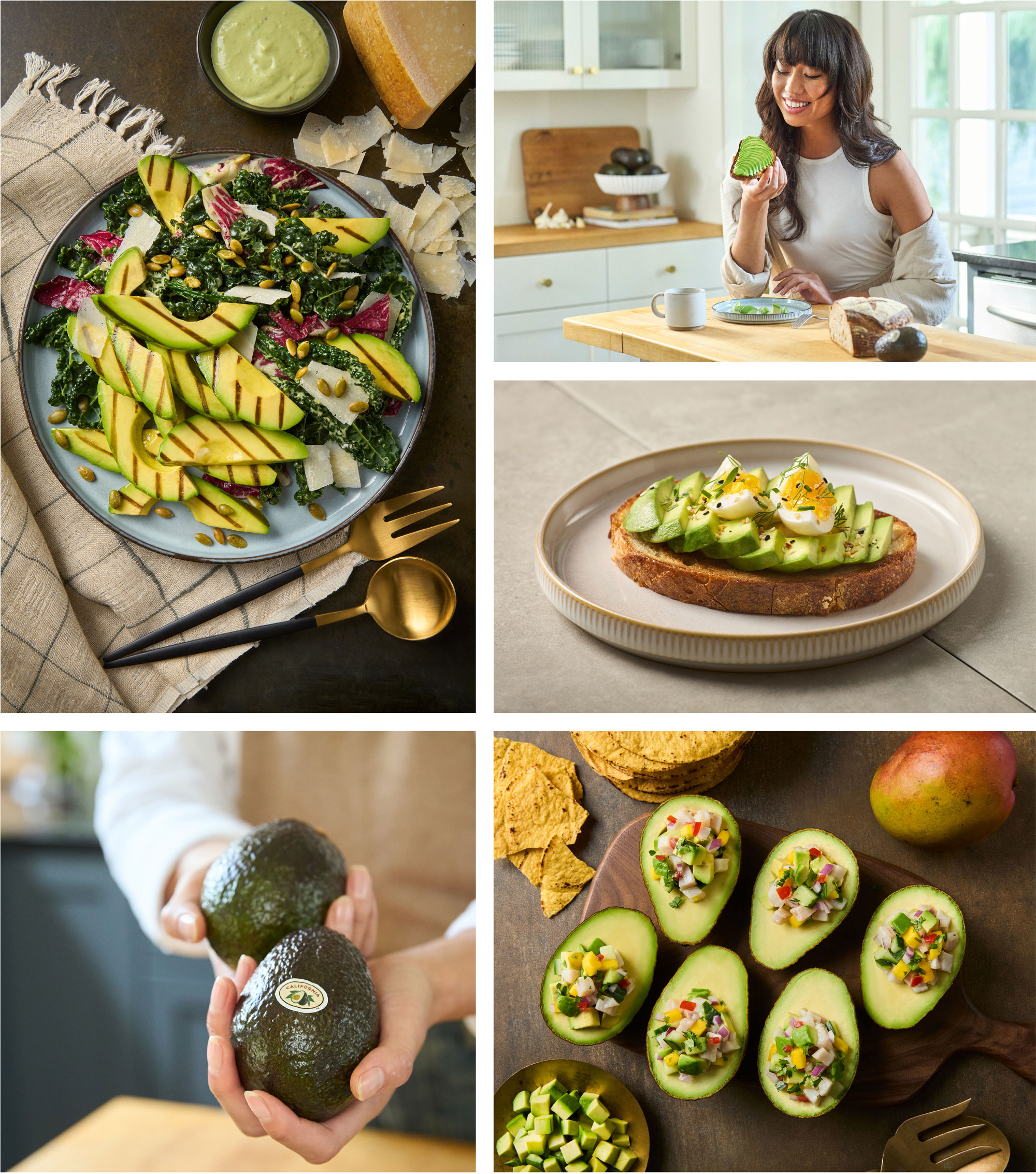 Grilled avocado, avocado toast and deviled avocados.