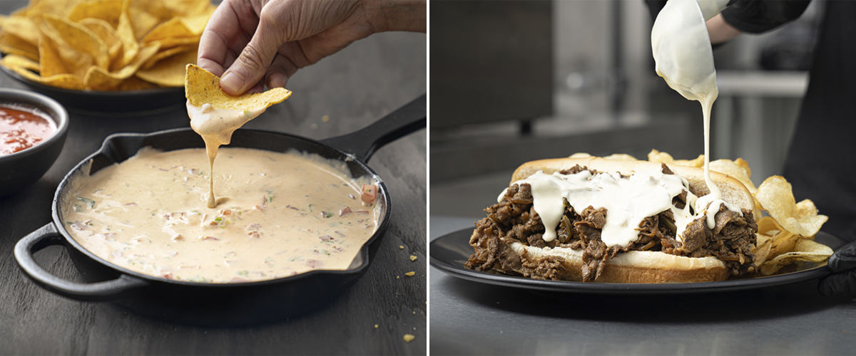 Chip dipping into queso and cheese sauce being drizzled onto a steak sandwich.