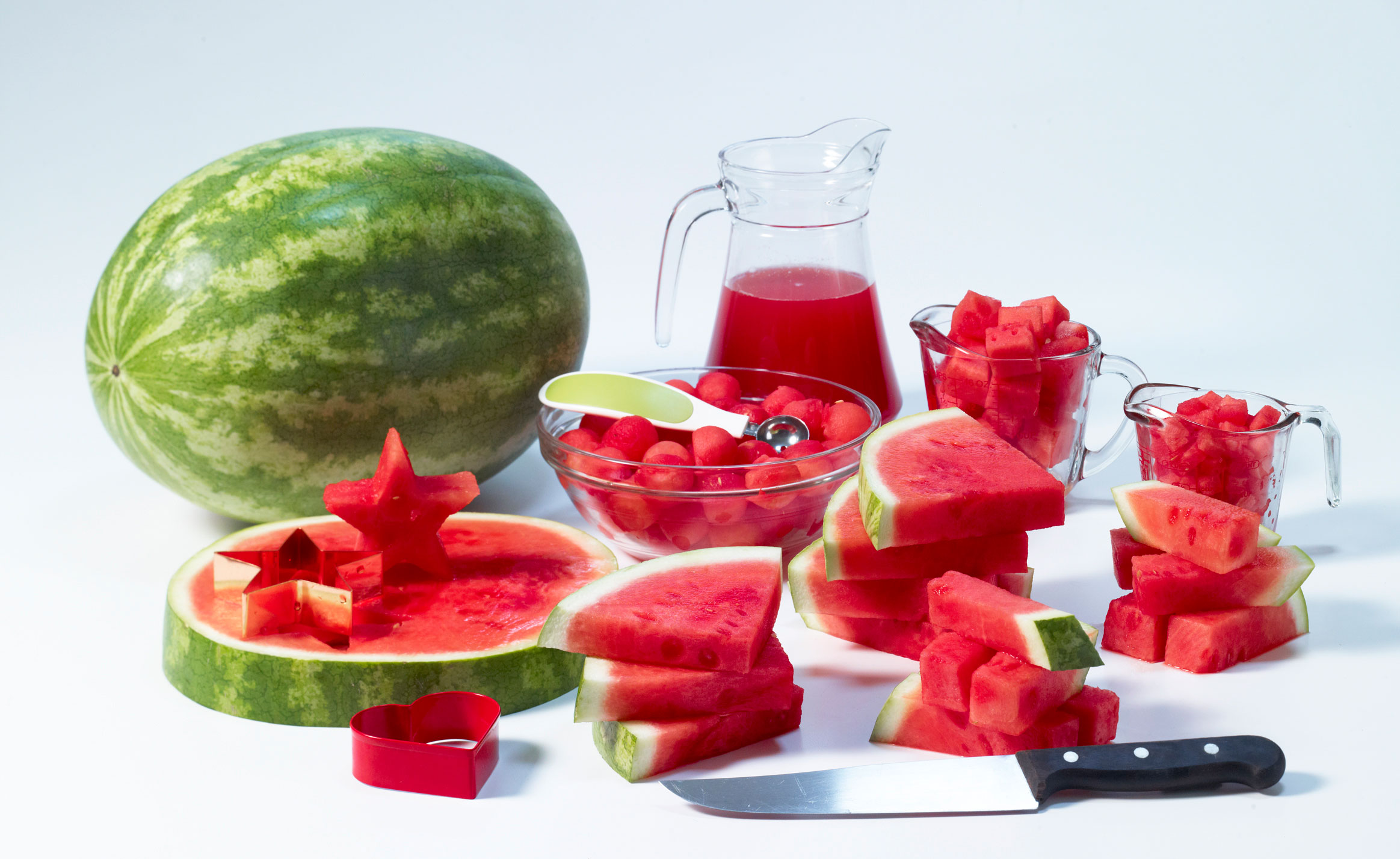 Watermelon slices, balls and juice.