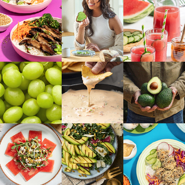 Mushroom stir fry, avocado toast, watermelon drinks, green grapes, queso dip, avocados, watermelon salad, grilled avocado salad, healthy meat balls.