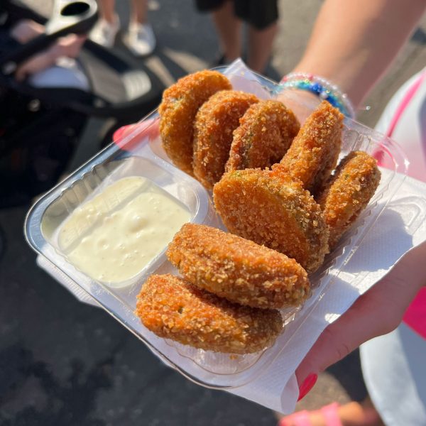 Deep fried pickles with dipping sauce.