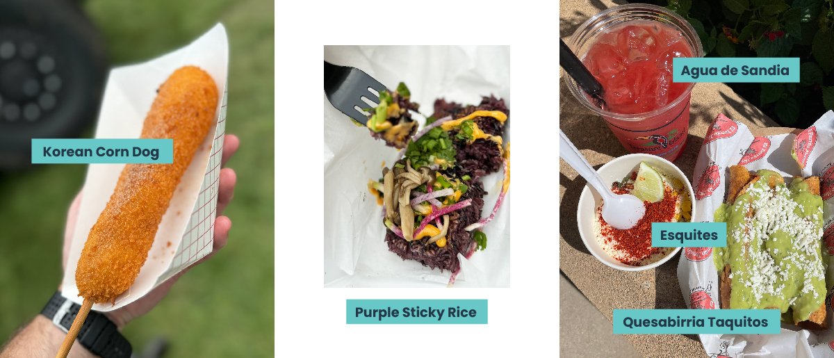 Korean corn dog, purple sticky rice, agua de sandia, esquites and quesabirria taquitos at the Minnesota State Fair.