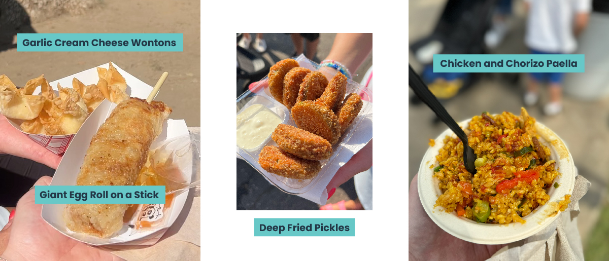 Garlic cream cheese wontons, giant egg roll on a stick, deep fried pickles, and chicken and chorizo paella at the Minnesota State Fair.