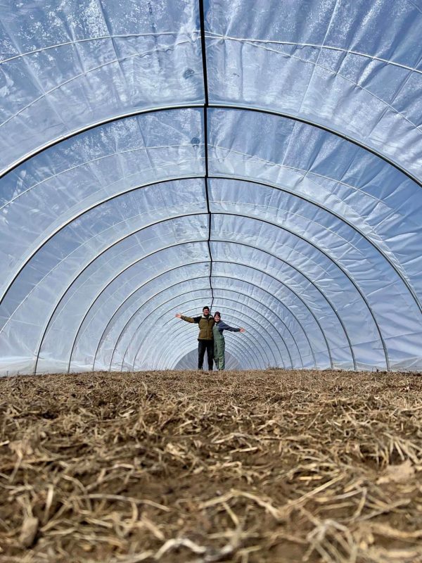 Man and woman standing in a field under a large tent